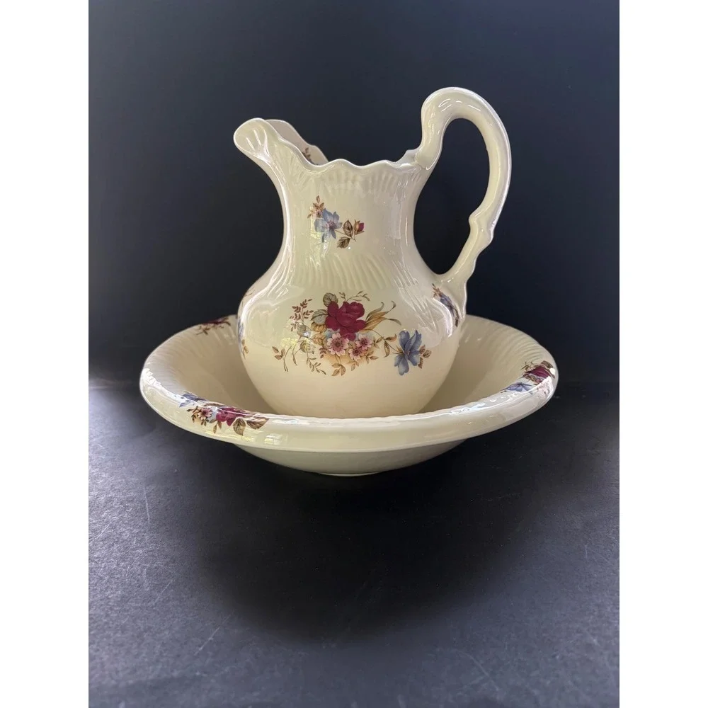 Vintage Floral Ceramic Pitcher and Wash Basin Set Cream Blue Burgundy Victorian